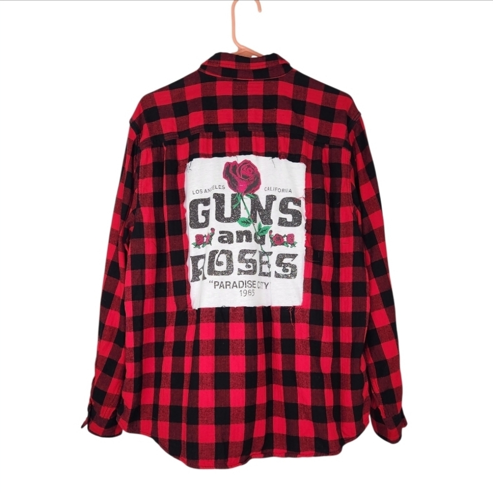 Boneyard Threadz Red & Black Plaid Flannel Guns N Roses Shirt Size XL